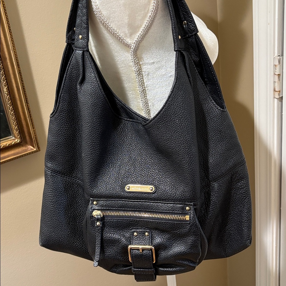 Michael Kors Black Leather Shoulder Bag with Gold Accents